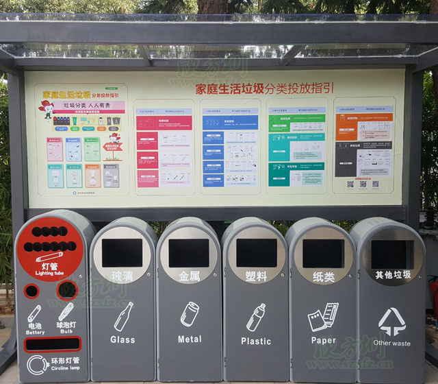 深圳機關單位新款六分類玻金塑紙垃圾分類收集容器戶外擺放圖