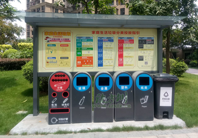 深圳市政垃圾分類亭玻金塑紙垃圾桶有害垃圾收集容器戶外擺放圖